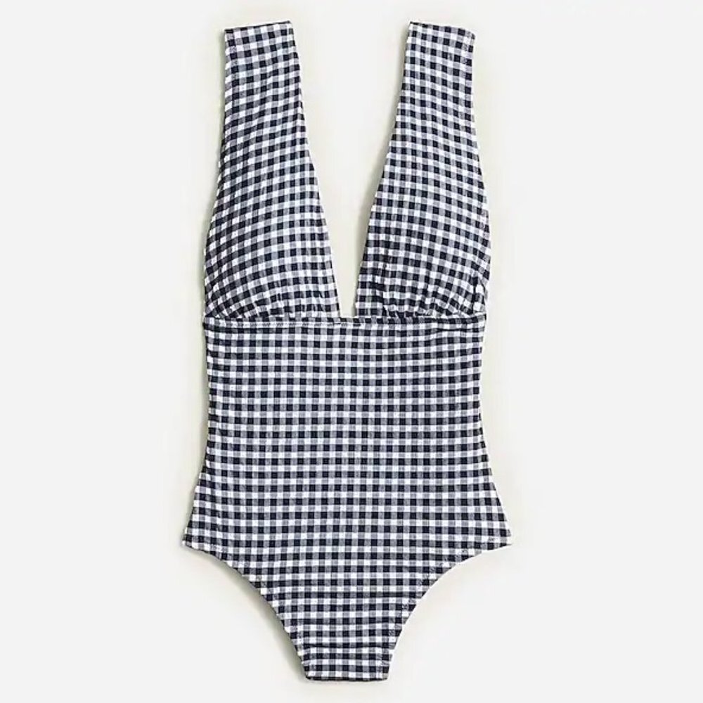 NWT J. Crew V-Neck One-Piece Gingham Swimsuit Retro/Resort/Vacation/Beach 12